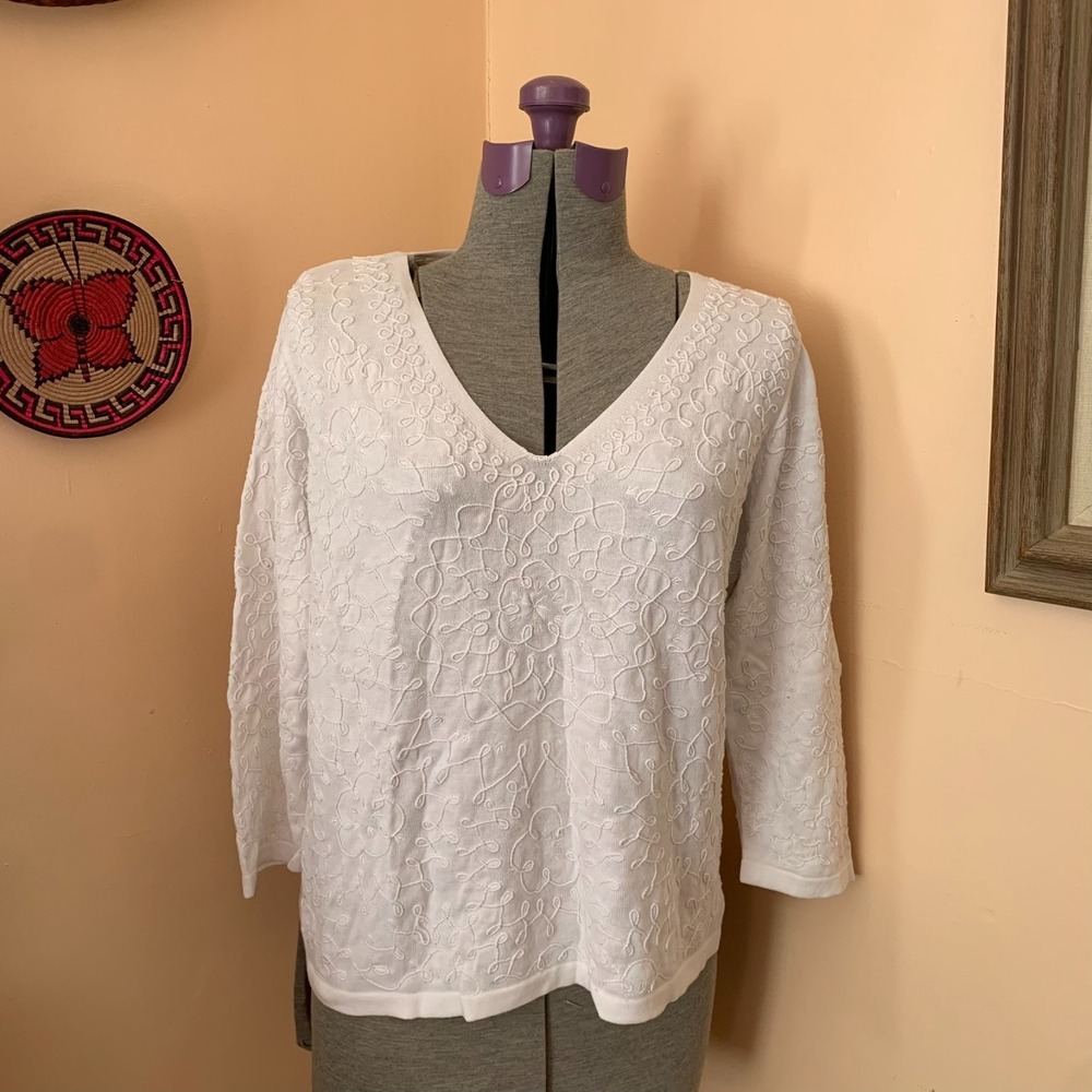Talbots Womens White Embroidered V-Neck Sweater Size L 3/4 Sleeve Knit Top